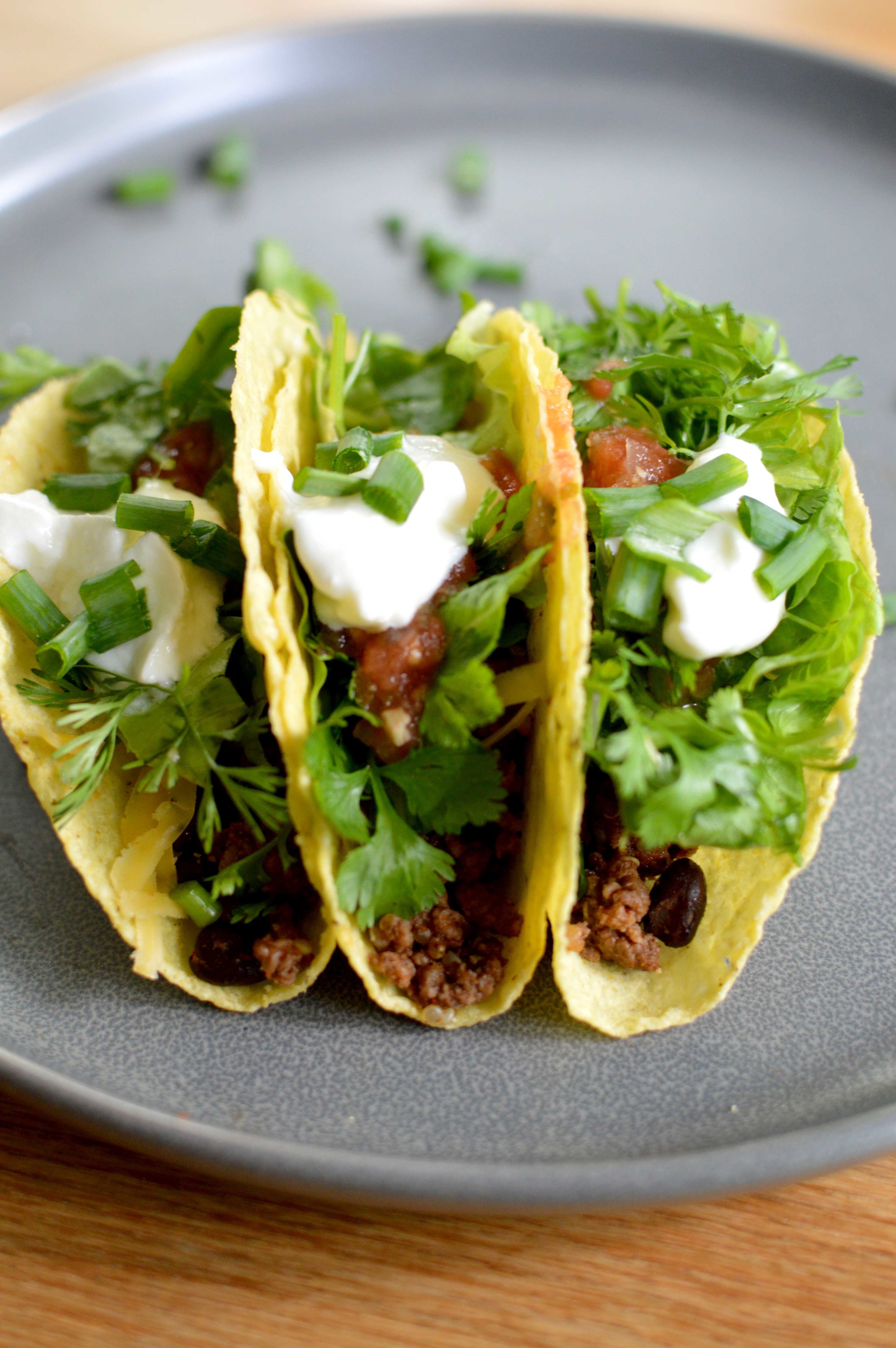  Tacos with beef, black beans, cilantro, green onions, home canned salsa, lettuce, and plain yogurt 